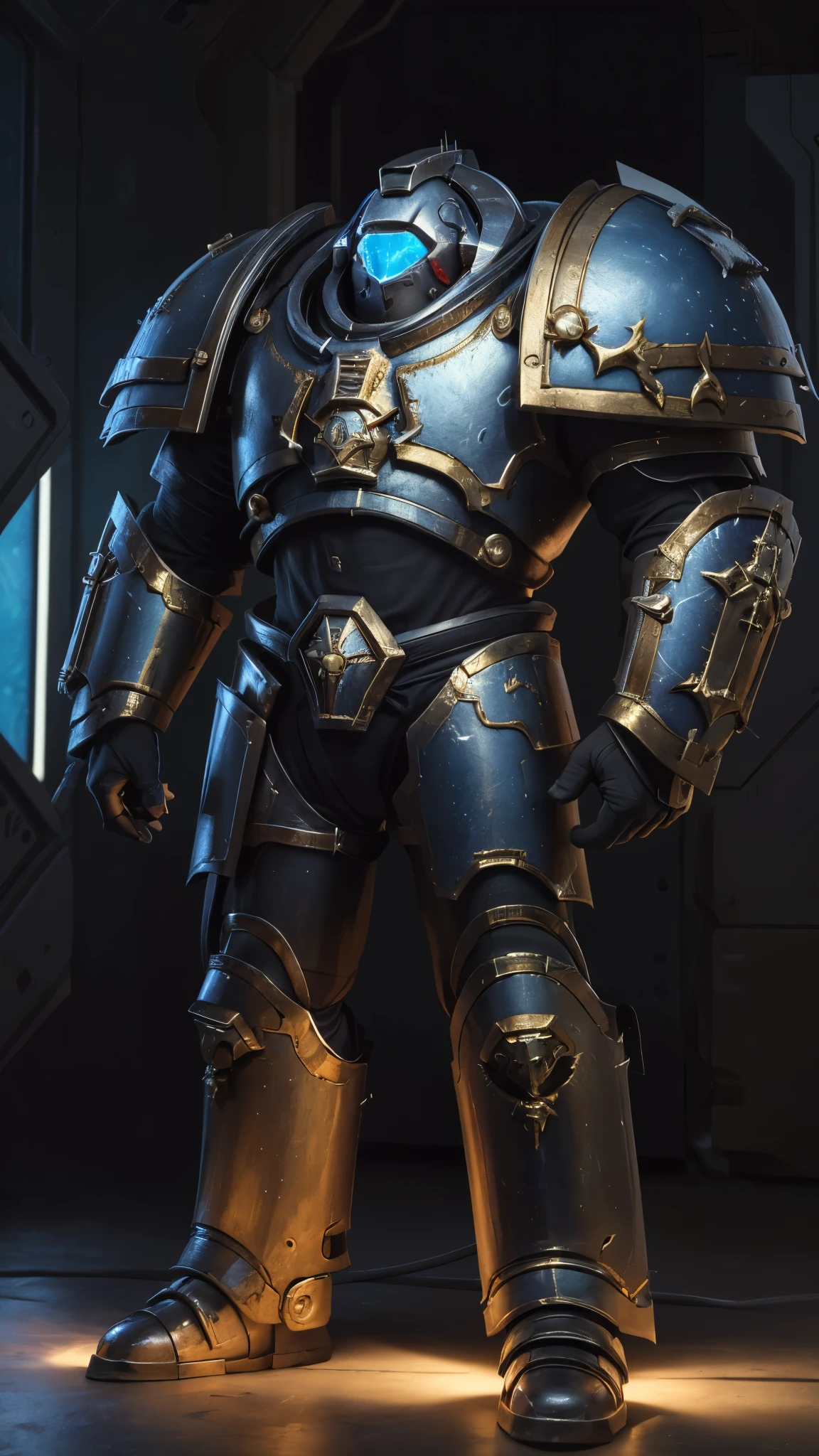 (masterpiece:1.5, best quality:1.5, extremely delicate:1.5), ((male:1.5)), a man wearing a full-face helmet, a biotech armored combat suit, green eyes, (a composite layered chest armor), fully enclosed shoulder guards, matching arm and leg guards, a belt of gemstone, (the color scheme is primarily Blue with White and Red accents), the design balances heavy with agility, a high-tech bio-mecha armor, (Armor Concept Inspired by Space Marines, stand of a futuristic sci-fi city), this character embodies a finely crafted Space Marines in anime style, exquisite and mature manga art style, (element, plasma, energy, the armor glows), metallic, high definition, highres, ultra-detailed, ultra-fine painting, professional, perfect body proportions, golden ratio, anatomically correct, symmetrical face, extremely detailed eyes and face, high quality eyes, creativity, RAW photo, UHD, 32k, Natural light, cinematic lighting, masterpiece-anatomy-perfect