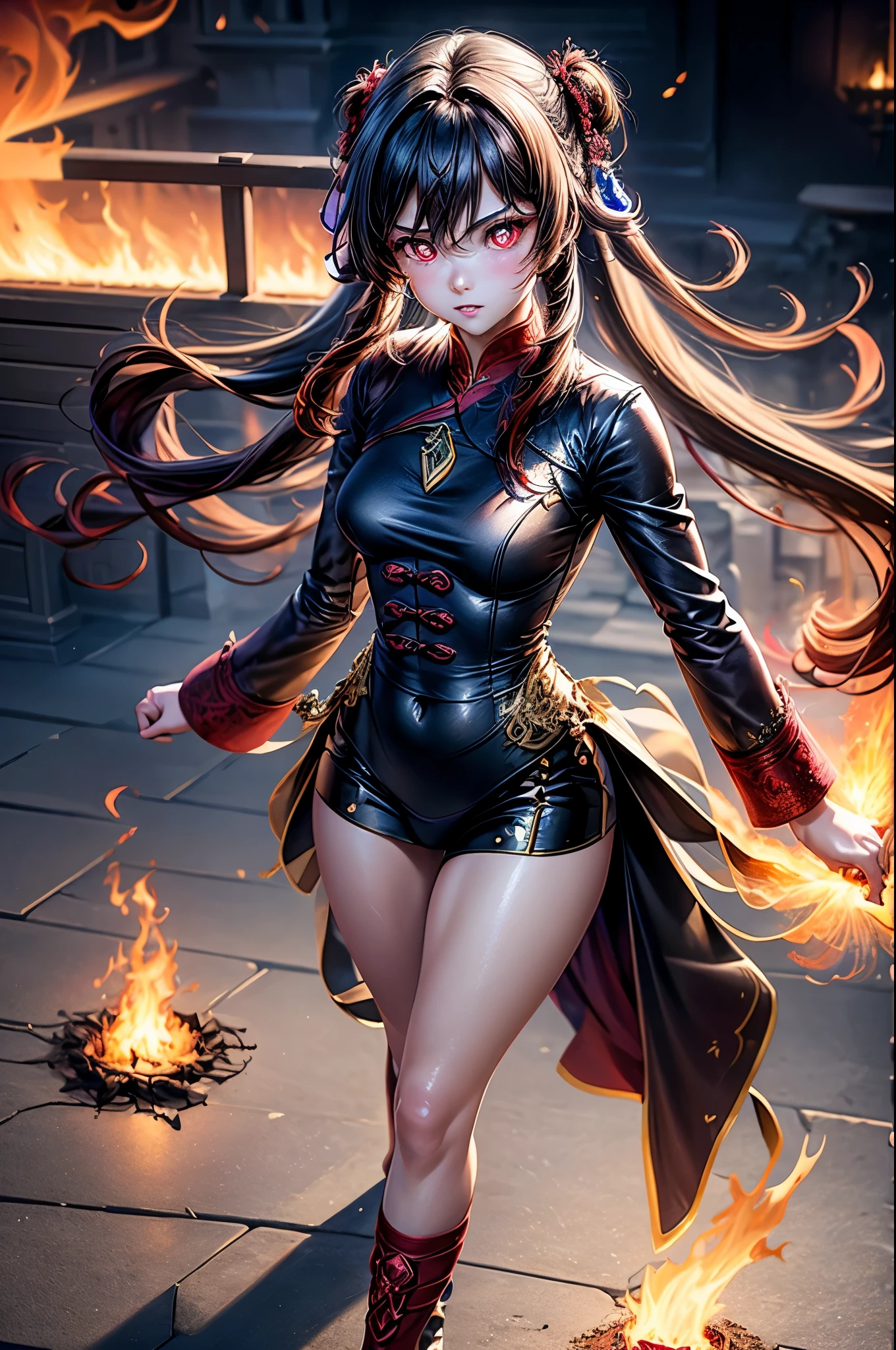Ray tracing,{Best quality}, {{Masterpiece}}, {A high resolution}, Original, Extremely detailed 8k wallpaper, {An extremely delicate and beautiful}, cowboy shot, realistic hand, one girl, good body proportions, blush, Extremely detailed face, Extremely detailed body, Extremely detailed hands, Extremely detailed eyes, beatiful eyes, glowing eyes,Extremely detailed background, high quality background, Hu Tao,fire effects,fire magic,red eyes, brown hair, (((2 woman)))