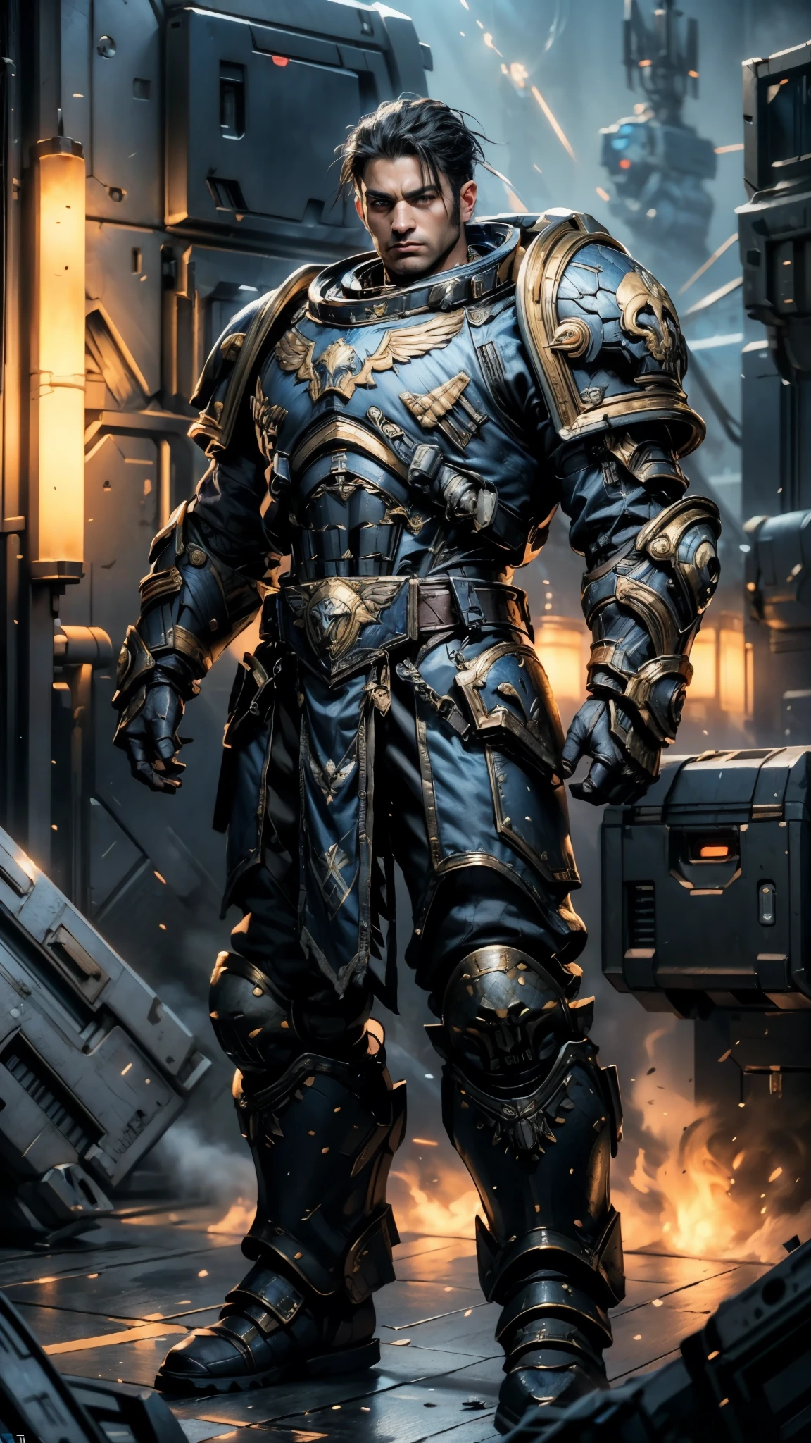 (masterpiece:1.5, best quality:1.5, extremely delicate:1.5), ((male:1.5)), a man wearing a full-face helmet, a biotech armored combat suit, green eyes, (a composite layered chest armor), fully enclosed shoulder guards, matching arm and leg guards, a belt of gemstone, (the color scheme is primarily Blue with White and Red accents), the design balances heavy with agility, a high-tech bio-mecha armor, (Armor Concept Inspired by Space Marines, stand of a futuristic sci-fi city), this character embodies a finely crafted Space Marines in anime style, exquisite and mature manga art style, (element, plasma, energy, the armor glows), metallic, high definition, highres, ultra-detailed, ultra-fine painting, professional, perfect body proportions, golden ratio, anatomically correct, symmetrical face, extremely detailed eyes and face, high quality eyes, creativity, RAW photo, UHD, 32k, Natural light, cinematic lighting, masterpiece-anatomy-perfect