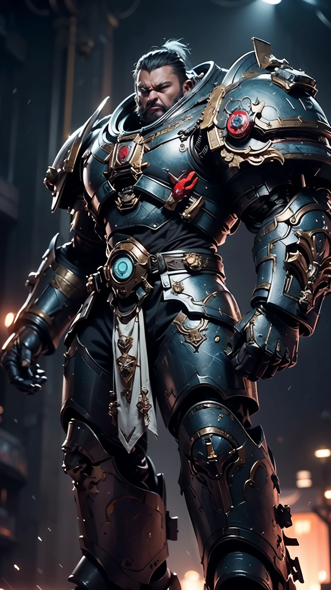 (masterpiece:1.5, best quality:1.5, extremely delicate:1.5), ((male:1.5)), a man wearing a full-face helmet, a biotech armored combat suit, green eyes, (a composite layered chest armor), fully enclosed shoulder guards, matching arm and leg guards, a belt of gemstone, (the color scheme is primarily Blue with White and Red accents), the design balances heavy with agility, a high-tech bio-mecha armor, (Armor Concept Inspired by Space Marines, stand of a futuristic sci-fi city), this character embodies a finely crafted Space Marines in anime style, exquisite and mature manga art style, (element, plasma, energy, the armor glows), metallic, high definition, highres, ultra-detailed, ultra-fine painting, professional, perfect body proportions, golden ratio, anatomically correct, symmetrical face, extremely detailed eyes and face, high quality eyes, creativity, RAW photo, UHD, 32k, Natural light, cinematic lighting, masterpiece-anatomy-perfect