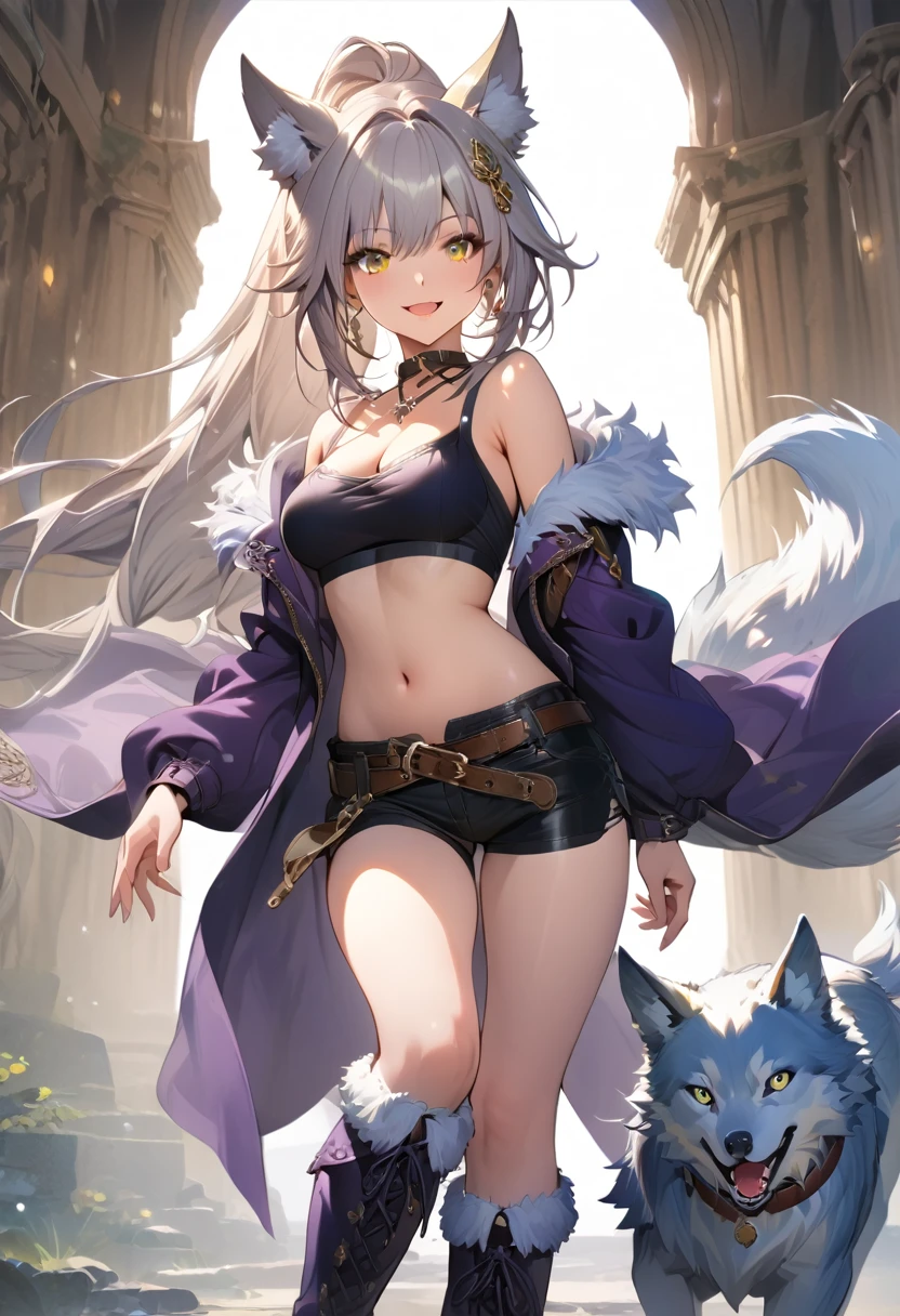 ((Masterpiece)), (Best Quality), Solo, miosha1, hair ornament, ponytail, wolf tail, swimsuit, white shorts, thigh strap, black jacket, leaf print, collar, string bikini, (NSFW:1.2)