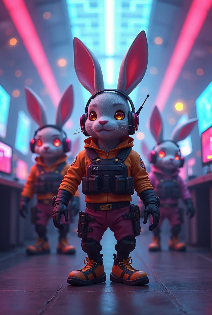 design a 3d character in the cartoon style of roger rabbit and cartoon network gum. The characters dress in UK drill music clothing with ski mask as well as very influenced by east oakland d boy culture. the ethnicity is west african. settings a futuristic fantasy world like adventure time. Where the creation of music and how you utilize it are a weapon, like scott pilgrim movie "Create a 3D Disney Pixar-style visual that represents the Art of Sound Warfare, a powerful and ancient technique that uses music and sound to manipulate reality. The scene should be set in a futuristic dojo, where the walls pulse with energy in response to the sounds being created within. Instruments unlike anything on Earth--some resembling traditional instruments but with digital enhancements, others entirely alien--are suspended in mid-air, their strings or surfaces glowing with energy. The characters are seen in various stances, concentrating intensely as they produce sounds that create visible ripples in the air, shaping and bending their surroundings. The dojo’s floor is a digital grid, reacting to the vibrations and tones, with patterns and symbols lighting up in response to the intensity of the sound. In the background, holographic figures of ancient masters observe, their expressions stern and wise, guiding the students in mastering this deadly art. The atmosphere should be electric, filled with the tension and focus of training for something that is as beautiful as it is destructive." colors are very colorful and the art style is from the 22nd century. every character is unique. Bring to life the african american features. the creatures are made up of sound and vibration. their powers defy the laws of any reality. your role as an artist from the 22nd century is accurately portray this request.