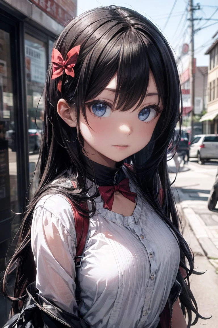 masterpiece, highest quality, One Girl, Thighs, beautiful girl, Flowers, たくさんの小さなflowerびら, flower、Small waist, RAWphotograph,Bright lighting、Face Light, Ultra-realistic, High resolution, photograph, Sharp focus, Highly detailed eyes and face,Symmetrical face, whole body、Large Breasts、Long Hair、チラリと見えるThighs、Emphasized cleavage、Red Micro Mini Skirt、White high heels、White lace shirt、Sleeveless、Her hair was tied with a big red ribbon、Neon Town、White high heels、