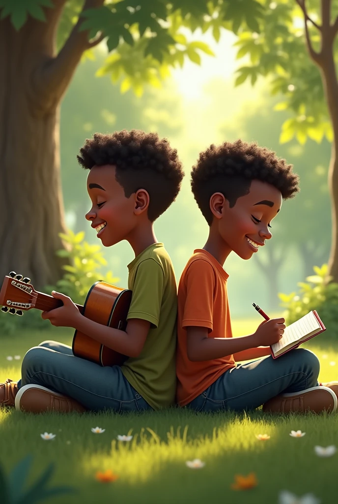 Two poor black kids playing yu gi oh on the dirt in the countryside Hyper realistic