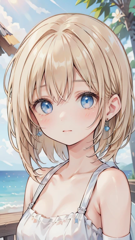 16k、Cute little girl s,pale blond hair, Blue eyes,Twin-tailed、blonde  hair,Blue sky,Kaihuai,Double-toothed,,view the viewer,Lens Flare,Dramatic, Coastal、toppless、NSFW、teats 、pink areolas、barechested、All nude、wearing no clothes、A look of shame、Lori、extra detailed face、extremely detailed eye、