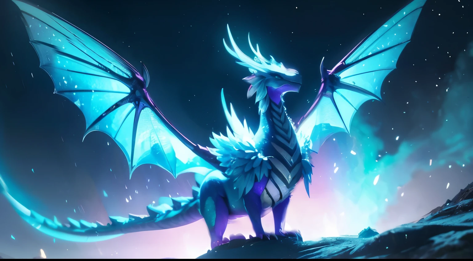 a dragon whose wings are large nebulae, shedding iridescent light wherever it goes, underneath which is a dense forest of trees