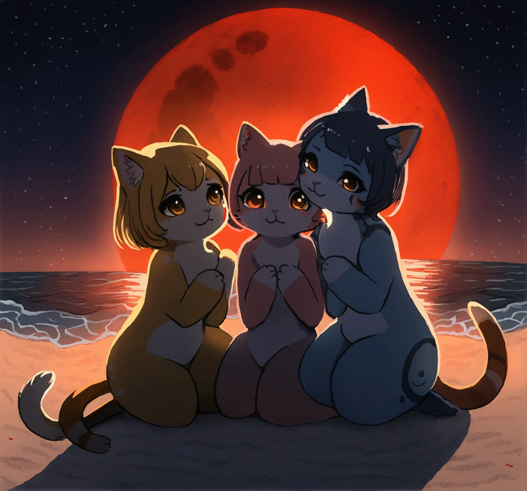 three female werewolves, sitting in a circle, masturbating, tall naked female werewolf with dark skin and large breasts, grin, forest, night, full_moon, claws. She is muscular and strong and has glossy black fur, claws, nsfw, long wavy hair, yellow_eyes, muzzle, tufts of fur, long_tail, fluffy_tail, shadows, tail_wag, furry, fur_on_skin, multiple girls,