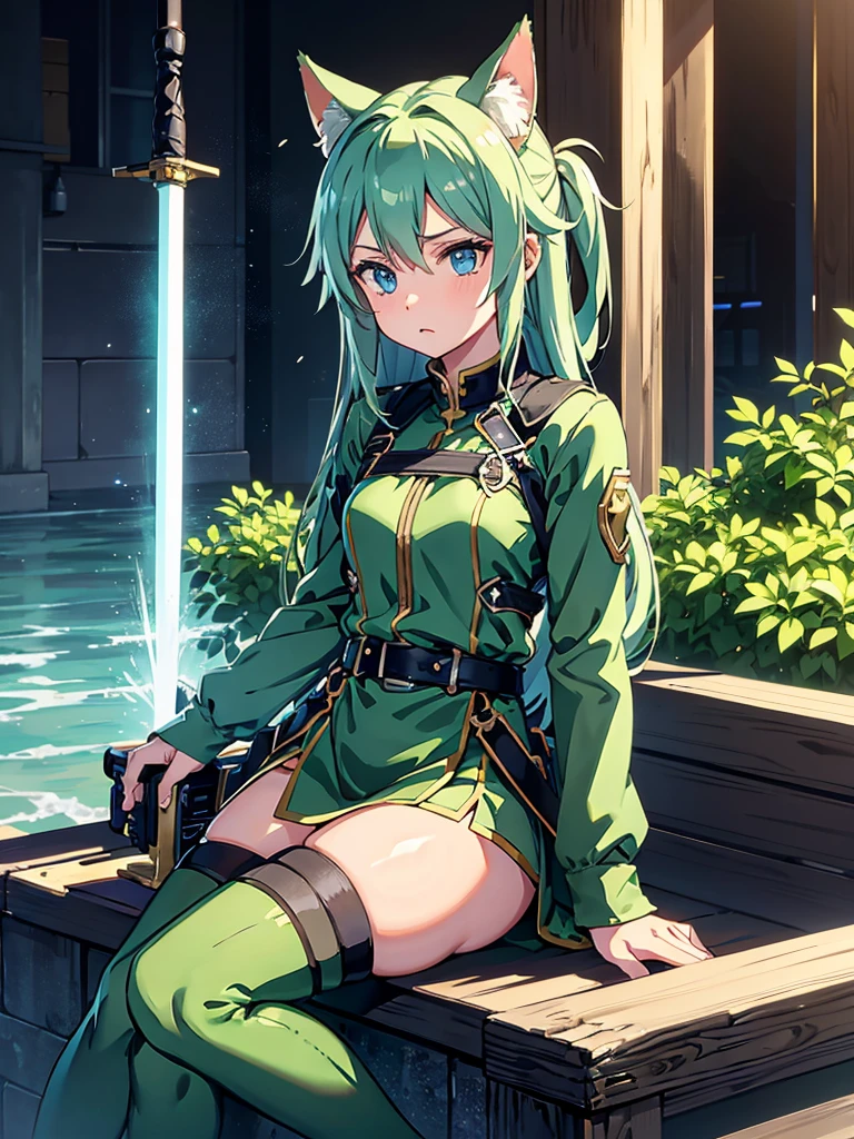 sinon, sword art online, Stereoscopic feeling, animification, thick thighs, sitting on the top of the building, Perfect female body, extremely beautiful detailed anime face and eyes, zettai ryouiki, holding weapon, gun, military, torn clothes, Bare thigh, in ruins, on the battlefield, delicate glow, an extremely delicate and beautiful, partially colored, wallpaper 8k CG, the best quality, detailed and intricate,