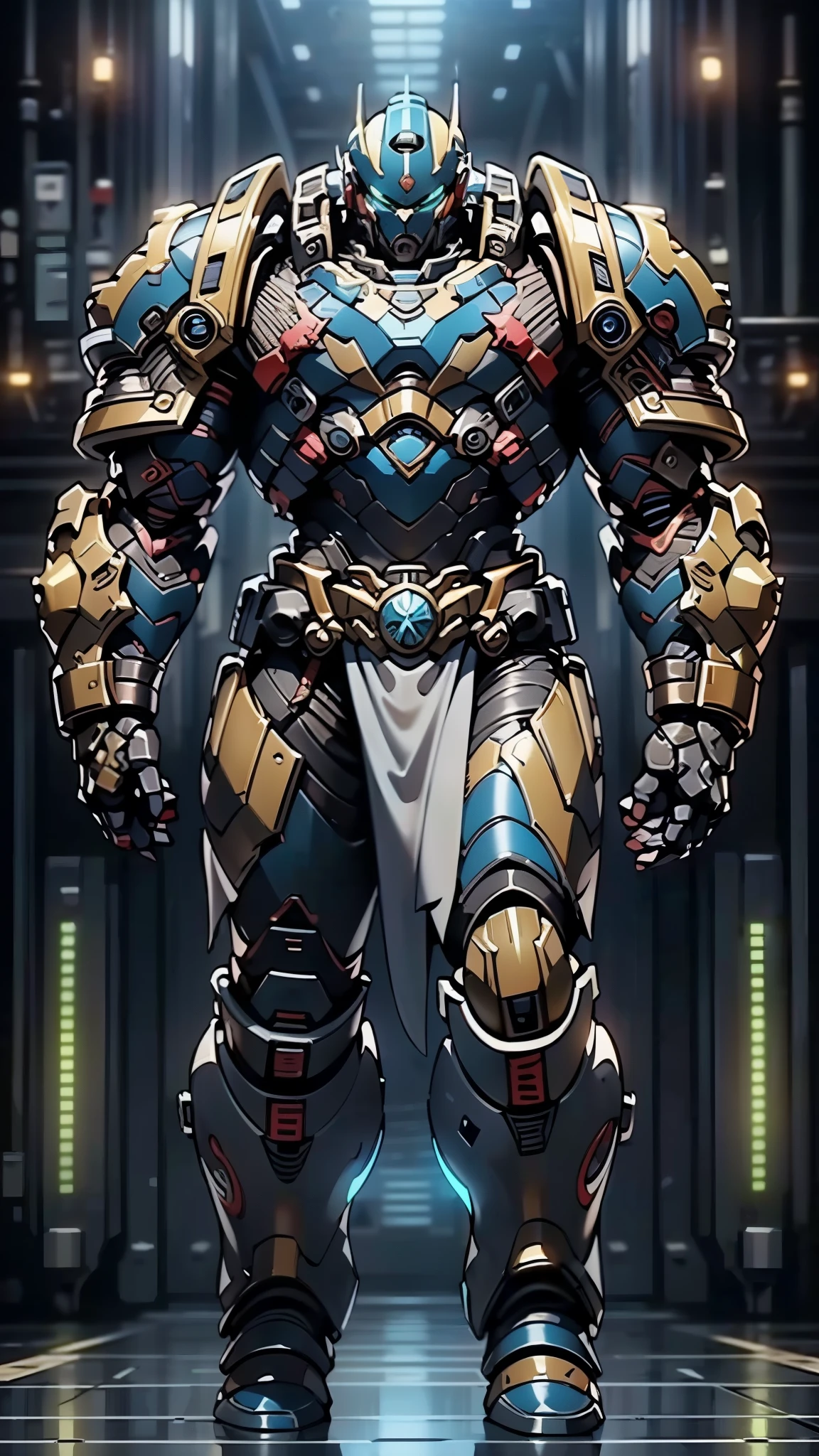 (masterpiece:1.5, best quality:1.5, extremely delicate:1.5), ((male:1.5)), a man wearing a full-face helmet, a biotech armored combat suit, green eyes, (a composite layered chest armor), fully enclosed shoulder guards, matching arm and leg guards, a belt of gemstone, (the color scheme is primarily Blue with White and Red accents), the design balances heavy with agility, a high-tech bio-mecha armor, (Armor Concept Inspired by Space Marines, stand of a futuristic sci-fi city), this character embodies a finely crafted Space Marines in anime style, exquisite and mature manga art style, (element, plasma, energy, the armor glows), metallic, high definition, highres, ultra-detailed, ultra-fine painting, professional, perfect body proportions, golden ratio, anatomically correct, symmetrical face, extremely detailed eyes and face, high quality eyes, creativity, RAW photo, UHD, 32k, Natural light, cinematic lighting, masterpiece-anatomy-perfect