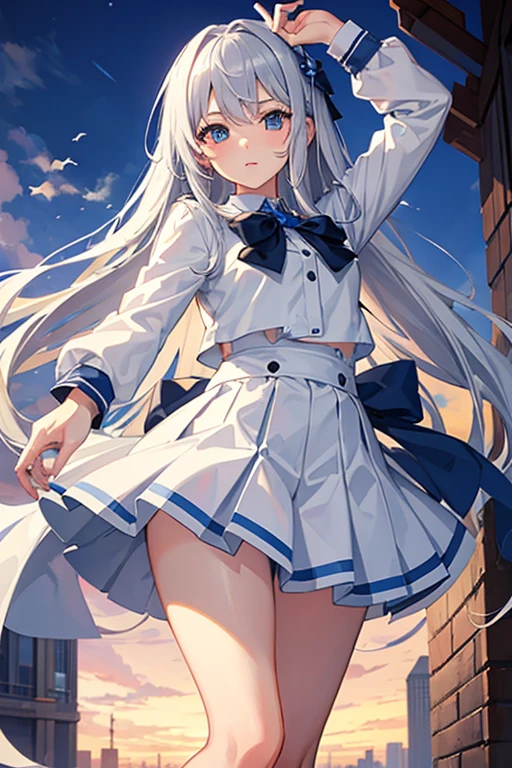 Beautiful cat wolf girl, Silver Hair, Wolf Ears, and tail, Bright blue eyes, Icy, (Unusual students), (Glowing Eyes), (Magic Eye), Zero Gravity Sneakers, Super detailed,Natural light,Vibrant colors, whole body, Wide-angle lens,masterpiece,The strong wind is revealing her white cotton panties.,Hold down your skirt that is being blown up by the strong wind