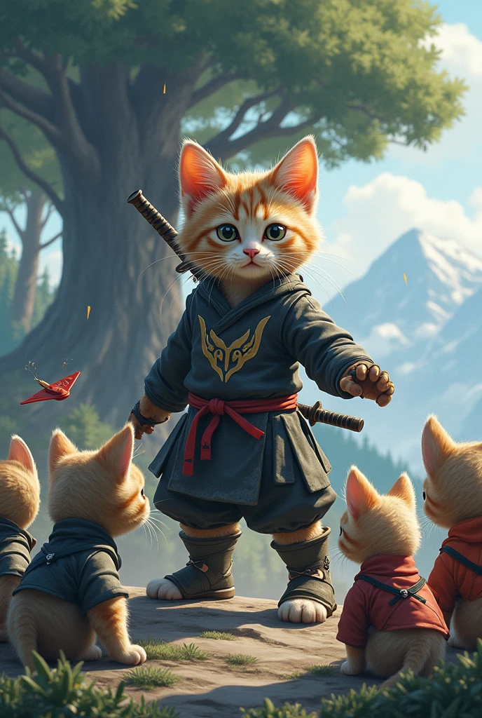 A two-legged kitten cat beastman、Multiple kitten beast soldiers dressed as ninjas、A scene of multiple kitten cat beastmen walking、Scenery in the mountains、Close-up images、(There are four kittens around)、(Crisp, realistic images)、、Equipped with a short Japanese sword on his back、Ninja Boots、There are multiple kitten beastmen、(Several kittens sitting side by side), (Wearing a Ninja Hood)There is a large tree、(A scene of a kitten cat beastman throwing a shuriken at a large tree)
