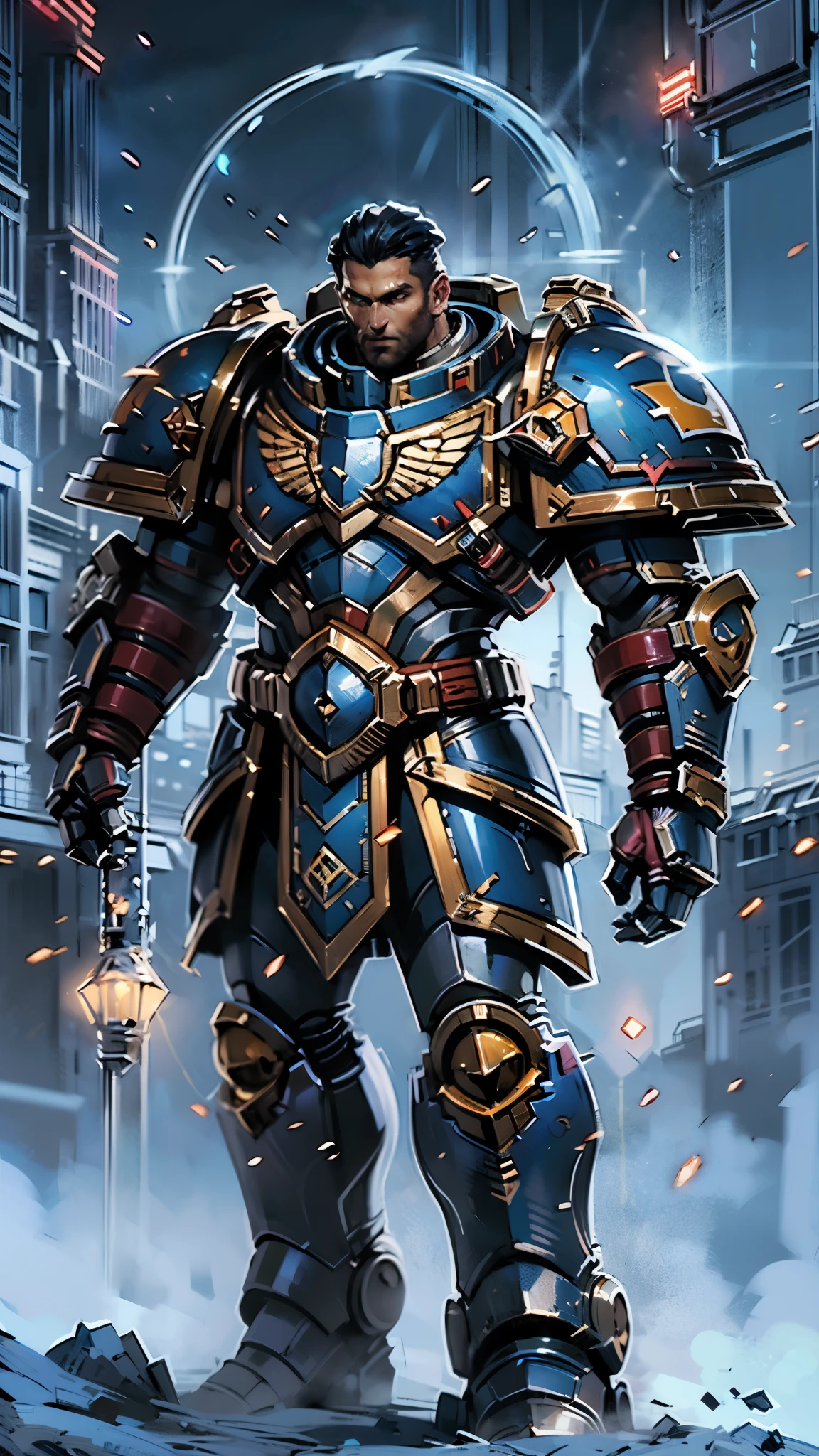 (masterpiece:1.5, best quality:1.5, extremely delicate:1.5), ((male:1.5)), a man wearing a full-face helmet, a biotech armored combat suit, green eyes, (a composite layered chest armor), fully enclosed shoulder guards, matching arm and leg guards, a belt of gemstone, (the color scheme is primarily Blue with White and Red accents), the design balances heavy with agility, a high-tech bio-mecha armor, (Armor Concept Inspired by Space Marines, stand of a futuristic sci-fi city), this character embodies a finely crafted Space Marines in anime style, exquisite and mature manga art style, (element, plasma, energy, the armor glows), metallic, high definition, highres, ultra-detailed, ultra-fine painting, professional, perfect body proportions, golden ratio, anatomically correct, symmetrical face, extremely detailed eyes and face, high quality eyes, creativity, RAW photo, UHD, 32k, Natural light, cinematic lighting, masterpiece-anatomy-perfect