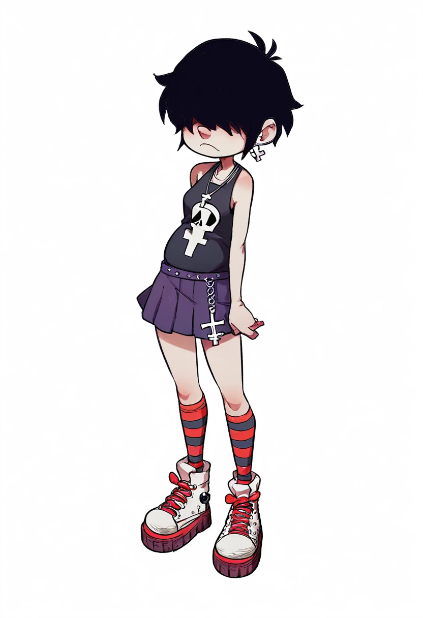 1girl, short black hair, red streaks, hair covering eyes, black sleeveless top with skull on it, short purple skirt, cross earrings, cross necklace, black and white striped socks, chunky platform white shoes