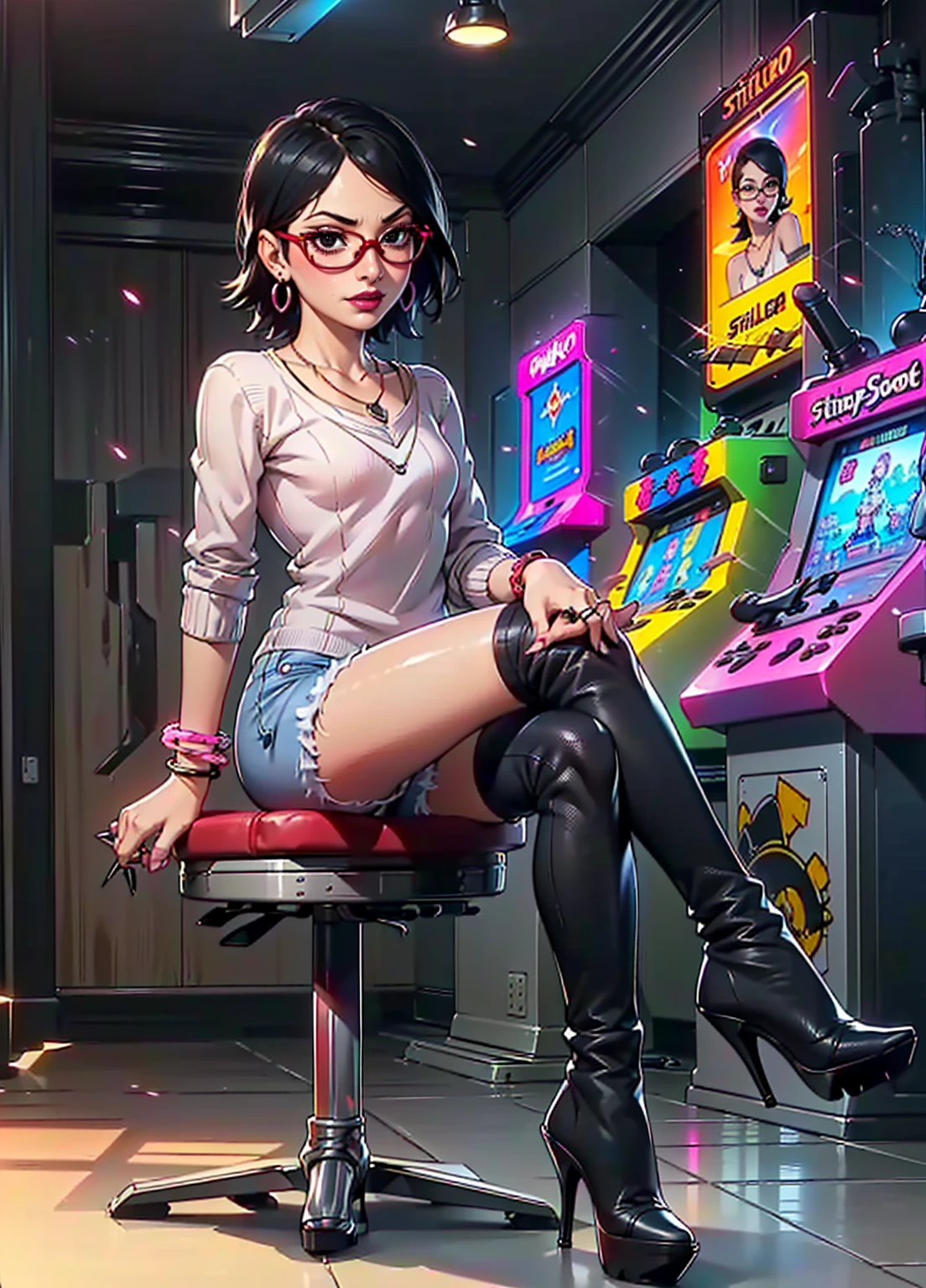 (1girl, solo, alone), (WakatsukiRisa, Sarada Uchiha, black hair, short hair, black eyes, red glasses), ((solo, (1woman, (small bust), pink lipstick, black eyes), Extremely detailed, ambient soft lighting, 4k, perfect eyes, a perfect face, perfect lighting, a 1girl)), ((fitness,, shapely body, athletic body, toned body)), (( (( white sweater, long sleeve, denim shorts, black socks, long socks, heeled boots, stiletto heels, necklace, bracelets, earrings, sitting, crossed legs, arcade, video games, game store, smug )) ))