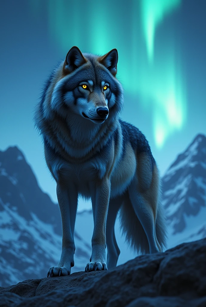 a fierce wolf with glowing eyes, majestic aurora borealis in the background, cinematic composition, hyper realistic, epic fantasy, 8k, best quality, highly detailed, photorealistic