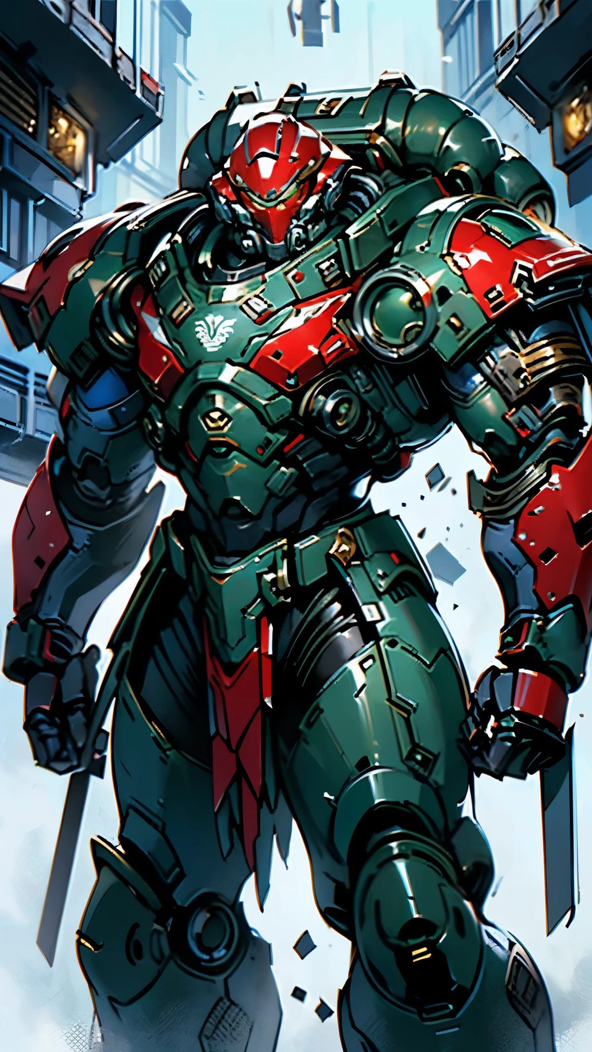 (masterpiece:1.5, best quality:1.5, extremely delicate:1.5), ((male:1.5)), a man wearing a full-face helmet, a biotech armored combat suit, green eyes, (a composite layered chest armor), fully enclosed shoulder guards, matching arm and leg guards, a belt of gemstone, (the color scheme is primarily Blue with White and Red accents), the design balances heavy with agility, a high-tech bio-mecha armor, (Armor Concept Inspired by Space Marines, stand of a futuristic sci-fi city), this character embodies a finely crafted Space Marines in anime style, exquisite and mature manga art style, (element, plasma, energy, the armor glows), metallic, high definition, highres, ultra-detailed, ultra-fine painting, professional, perfect body proportions, golden ratio, anatomically correct, symmetrical face, extremely detailed eyes and face, high quality eyes, creativity, RAW photo, UHD, 32k, Natural light, cinematic lighting, masterpiece-anatomy-perfect