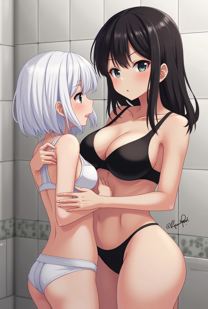 2girls , tiny kids , one girl is tiny Chibi , large head , smiling ,  short torso , slim body , tanned Skin  ,in the shower room , perfectly naked , oral sex , kissing to large penis , ((perfectly_bare)) , wet_body , (((Wet_body_with_White_liquid))) ,    (((open pussy))) 