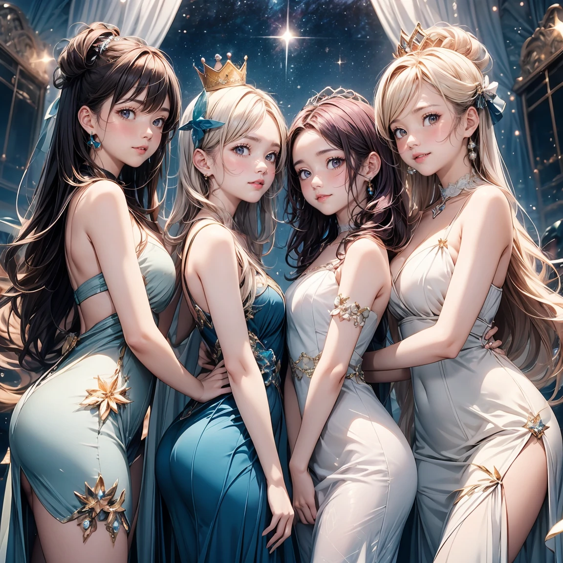 (Masterpiece) (4k) (vivid colors) ((3 women)) (evening light) (Mother and daughters)Family of several striking and sensual women aged between 13 years to 40 years, with the size of their breasts corresponding to their ages dressed modern and realistic