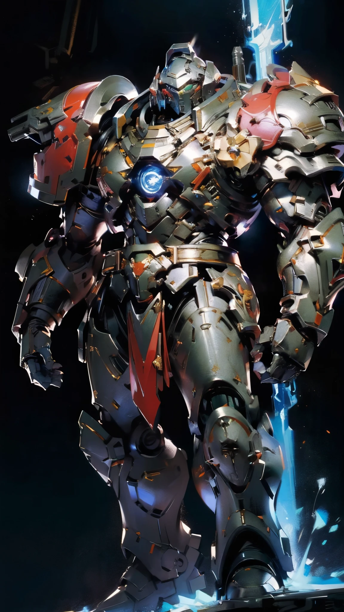 (masterpiece:1.5, best quality:1.5, extremely delicate:1.5), ((male:1.5)), a man wearing a full-face helmet, a biotech armored combat suit, green eyes, (a composite layered chest armor), fully enclosed shoulder guards, matching arm and leg guards, a belt of gemstone, (the color scheme is primarily Blue with White and Red accents), the design balances heavy with agility, a high-tech bio-mecha armor, (Armor Concept Inspired by Space Marines, stand of a futuristic sci-fi city), this character embodies a finely crafted Space Marines in anime style, exquisite and mature manga art style, (element, plasma, energy, the armor glows), metallic, high definition, highres, ultra-detailed, ultra-fine painting, professional, perfect body proportions, golden ratio, anatomically correct, symmetrical face, extremely detailed eyes and face, high quality eyes, creativity, RAW photo, UHD, 32k, Natural light, cinematic lighting, masterpiece-anatomy-perfect