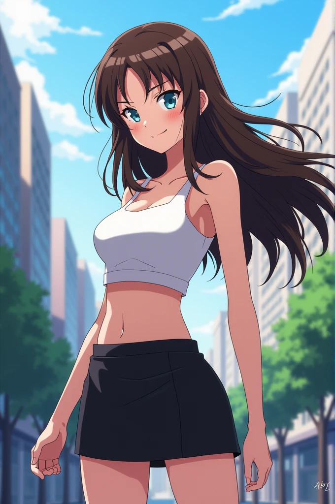 a brown skin color girl, black eyes,dark brown long hair, a black crop top, black pants,she is pretty