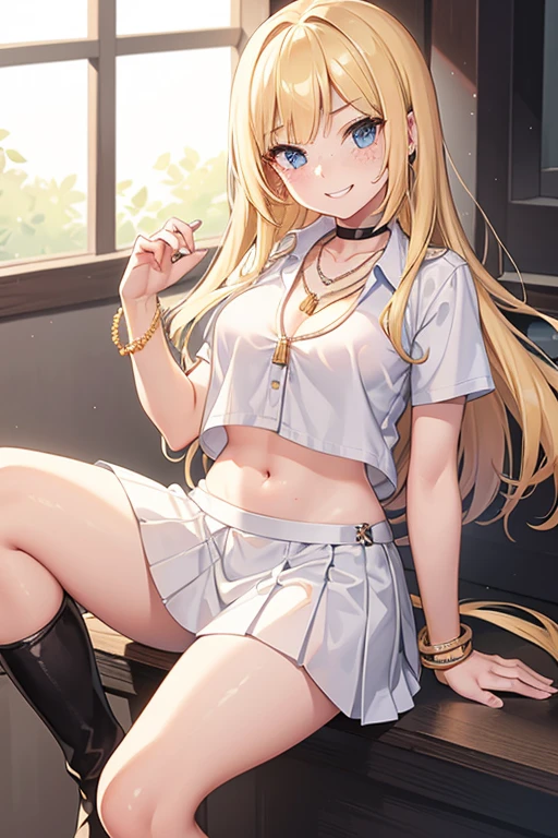 Girl, blonde straight hair, white unbuttoned short sleeved short shirt showing stomach, white short skirt, necklace, bracelets, choker, nose ring, black boots, big breasts, small waist, freckles, Seductive Smile, 