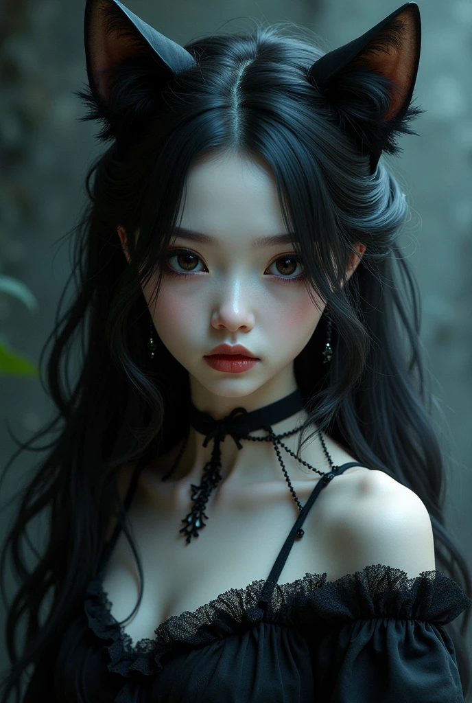 masterpiece,((masterwork, best quality, ultra realistic, ultra detailed, high res, 8k, RAW photo, photo realistic (soft shadows + realistic skin texture)),
((1girl)), beautiful girl, 18 years old, petite, flat chest, pale skin, poofy hair, emo, eyeliner, goth, cherry blossom tattoo, very long hair, emo makeup, hair over one eye, grey eyes, black hair, lip piercing, nose piercing, ear piercing,
Black dress, black choker,
,( face shot:1.2, (close up), face focus), (white background:1.4),