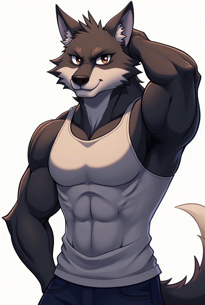 (masterpiece, 4K, ultra detailed), wolf furry, masculine, brown and grey fur, white belly fur, athletic, shirtless, illustration, simple colors, white background, handsome, blush, nervous smile, single, short messy haircut, pubic hair, anime, blue eyes, teenage, penis