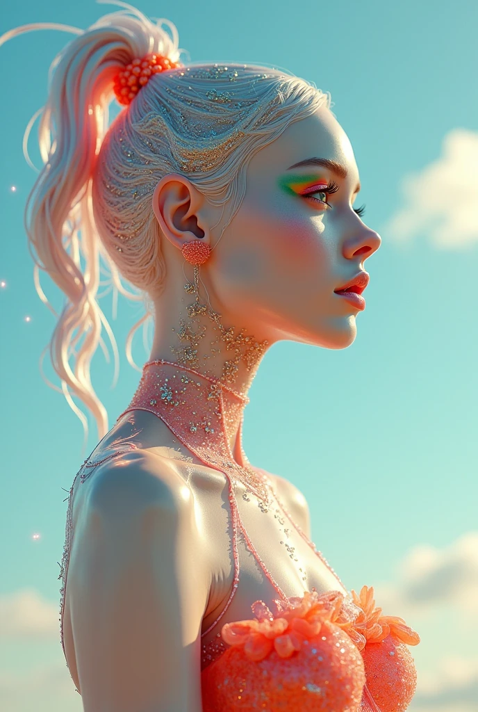 The contrast between the art of the woman's glass form, her hair shiny with nylon threads, her dress-like outfit made of plastic, and her milky skin enhanced by bold and alluring makeup evokes a sense of daydreaming, a surrealism wrapped in delicate precision, all wrapped up in a 3D renderings and depicted through the lens of Octane. Highest quality images, ultra-high resolution. By Frida Kahlo