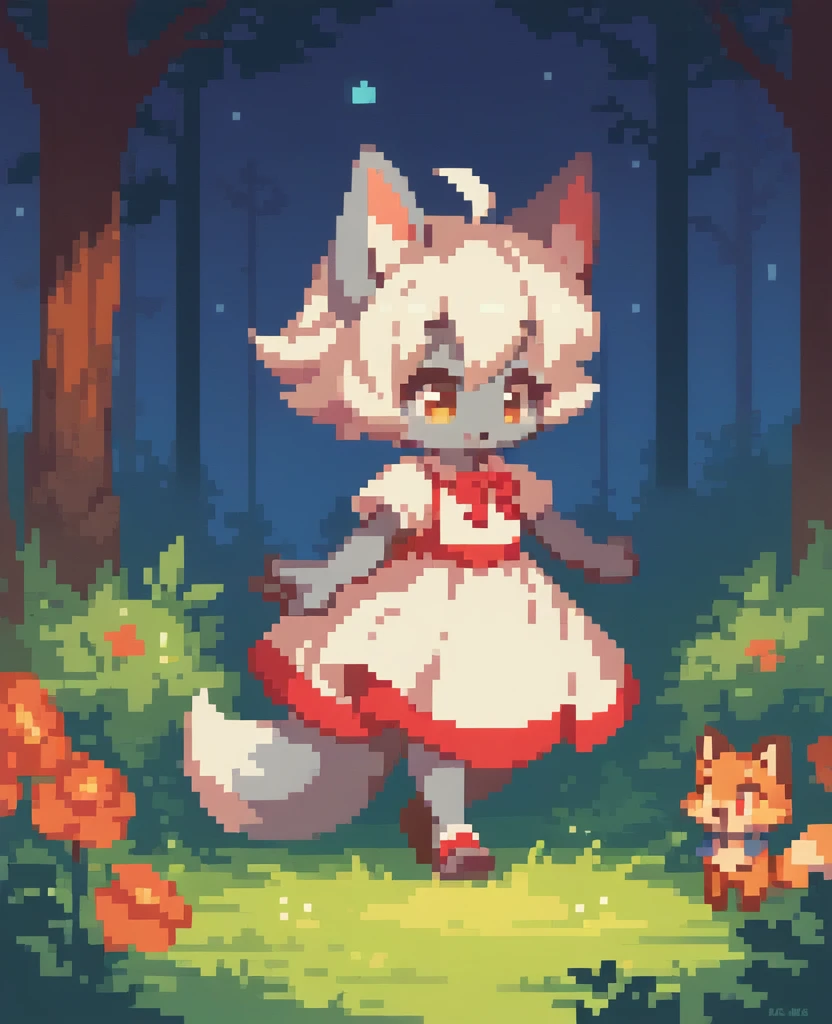 1girl, furry, fox, gray fur, white hair, cute dress, kid, cute fox, cub, on the forest, night