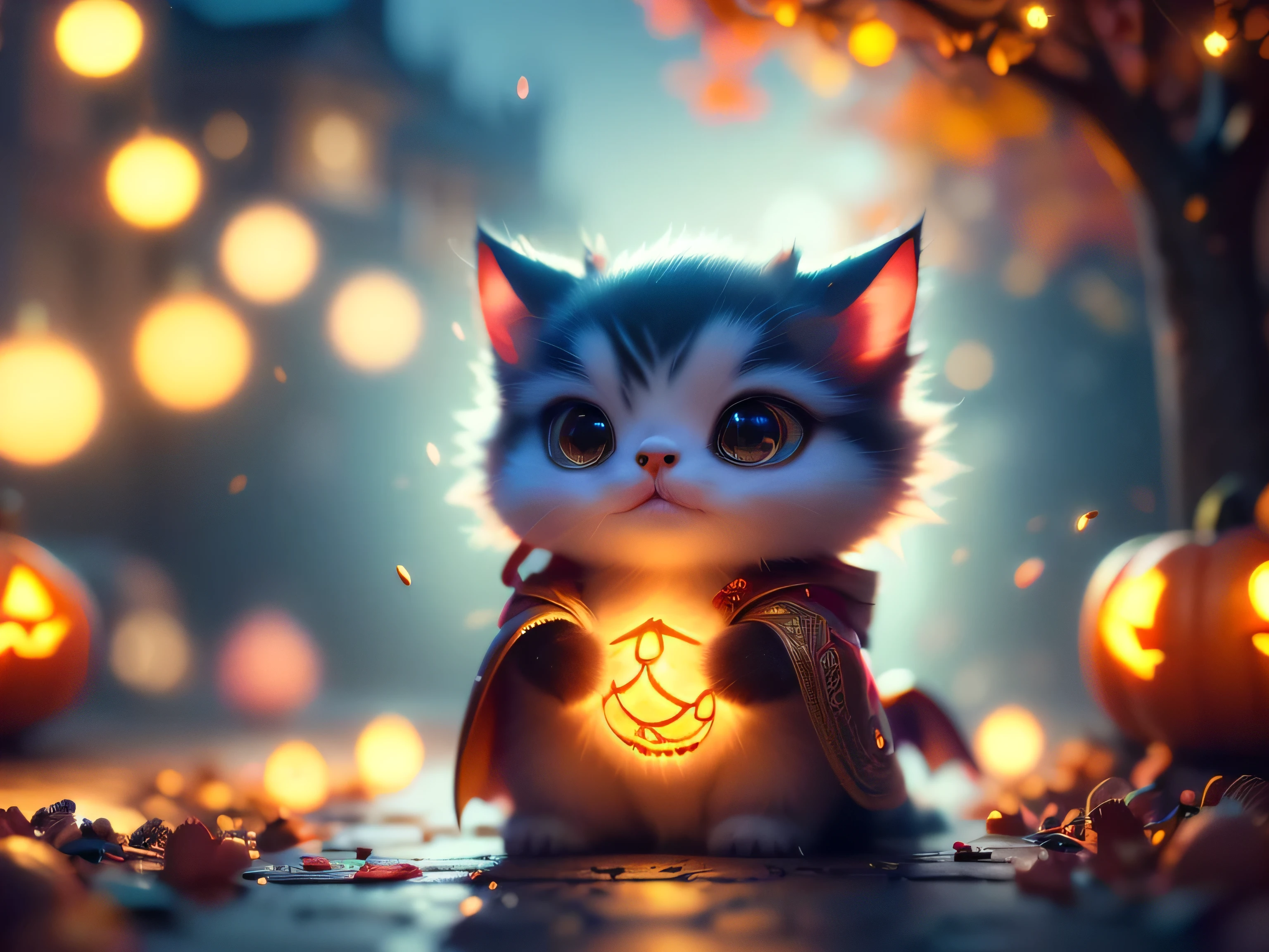 (Best Quality, Super Detailed, masterpiece, representative work, official art, professional, super high detail, 8k:1.3) Cute cat with round eyes, dressed in a bat costume, autumn, halloween, night, Natural lighting, Soft background, Photorealistic, Shining eyes, Sharp focus, Sweet and mischievous look, Hint of mischief, Dreamy atmosphere, Delicate details, soft volumetric light, (backlight:1.3), (cinematic:1.2), intricate details, (ArtStation:1.3)