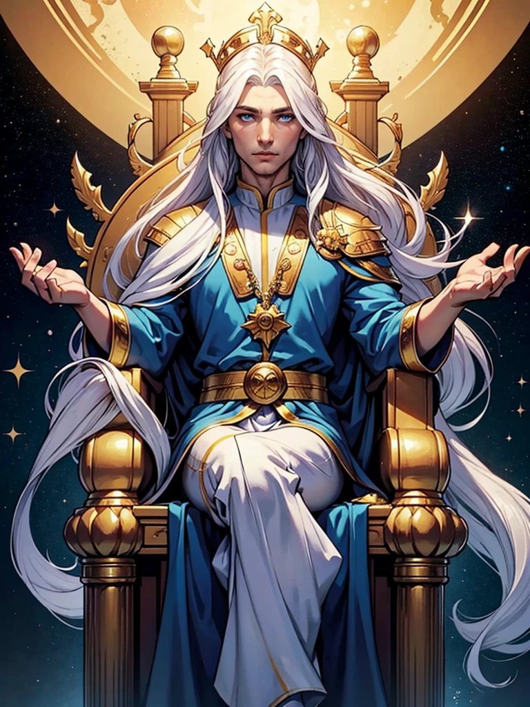 a young god man, long white hair, smooth and hydrated , golden laurel crown on his head, blue eyes, wearing blue priest's clothes. Man sitting on a throne in the middle of the galaxy, watching the planet he rules. your eyes full of kindness and love. Appearing full-body seated on the throne. Man, god, 20 years old.  Handsome, beautiful man, with a symmetrical face. As beautiful as a god. 