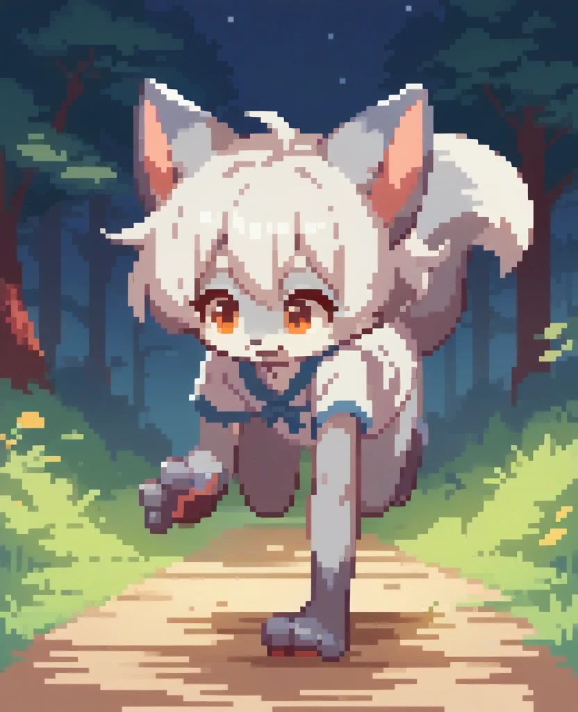 1girl, furry, fox, gray fur, silver fur, white hair, short hair, white dress, kid, cute fox, cub, running in all fours on the forest, night