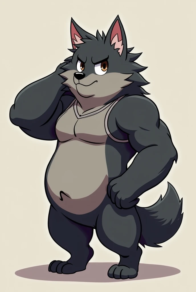 solo, male, wolf, very obese, musclegut, mature male, angry, arms crossed and fat, full black dark fur, red eyes, obese body hair, half-body, white background