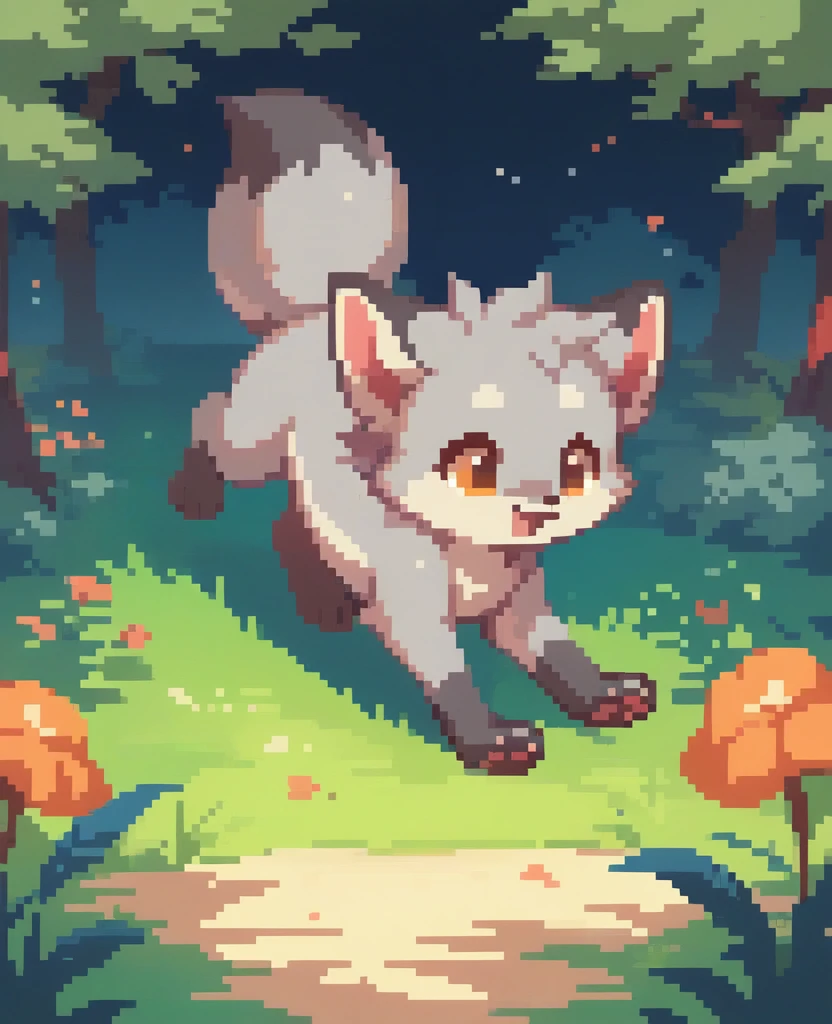 little fox, feral, gray fur, silver fur, white hair, short hair, white dress, cute fox, cub, running in all fours on the forest, night