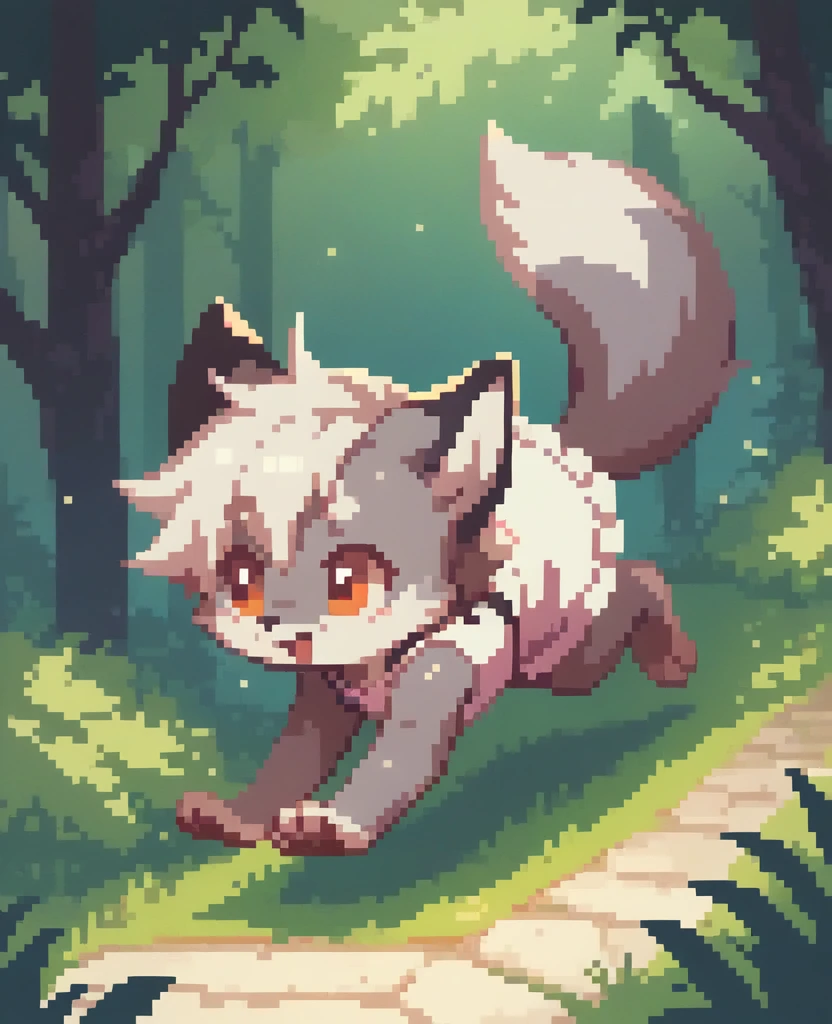 little fox, feral, gray fur, silver fur, white hair, short hair, white dress, cute fox, cub, running in all fours on the forest, night