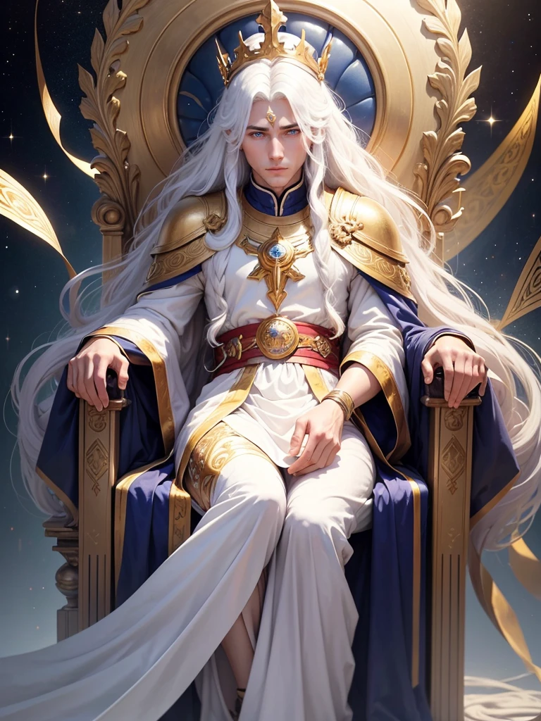 masterpiece,Best quality,extremely detailed,difficult,1 man,perfect beautiful face,muscular man,detailed face,naughty face,Blue eyes,Eye reflection,Looking at the viewer,courageous,long wavy hair|White hair,crown,Long black boots,Prince's Costume,(sparkling CRYSTAL throne),dynamic pose,dramatic angle,Cinematic lighting,surrounded by snow, magic on hand, magic in the palm of your hand, girl behind, The girl behind her back.