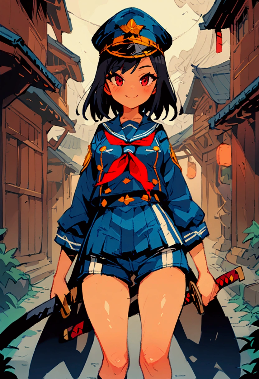 超detailed、Best Quality、masterpiece、cartoon style、girl、solo、Black Hair、Wearing a military cap、Black Cape、detailed、Best Quality、masterpiece、Sailor suit、Shorts、Holding a Japanese sword,katana、Red eyes、smile