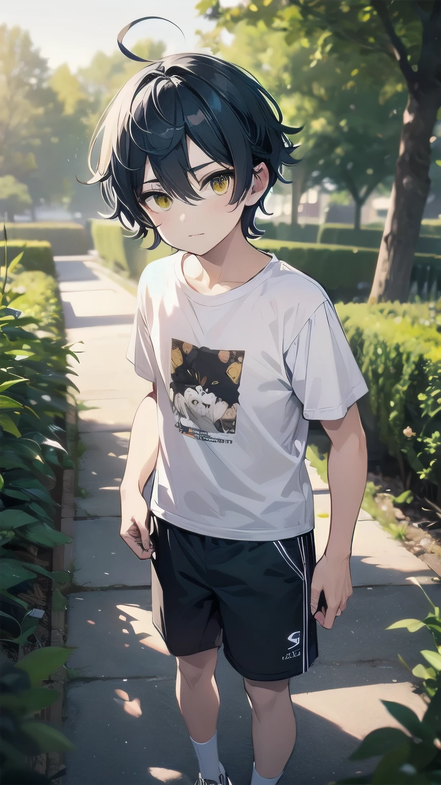 (masterpiece), best quality, hair between eyes, 1boy, solo, blue hair, messy hair, ahoge BREAK standing, (yellow eyes) BREAK (pale skin:1.2) BREAK bored face, glaring, closed mouth, looking at viewer, t-shirt, short sleeves BREAK blue shorts BREAK outdoors, grass, blue sky, garden