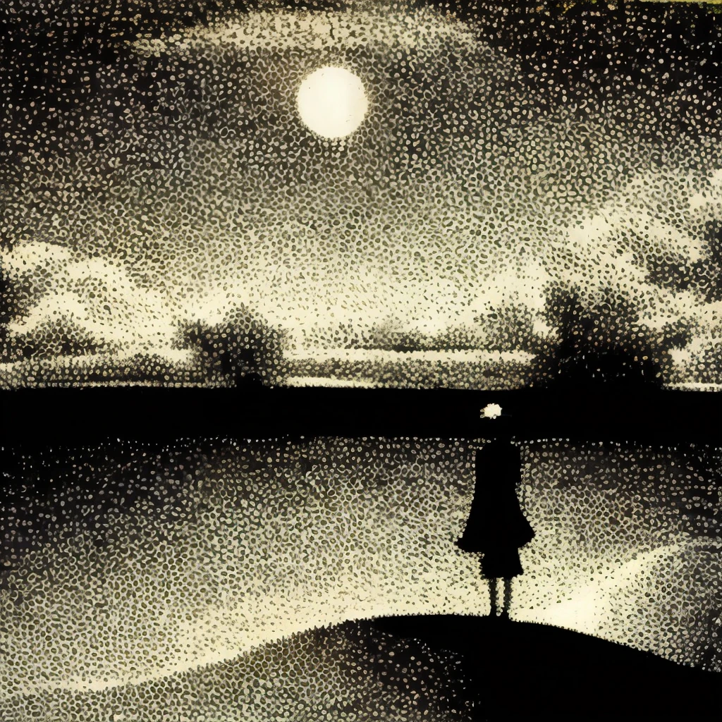 Pointillism of a Woman、Woman standing in a garden at night