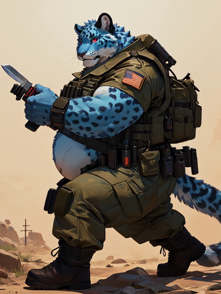 A chubby anthropomorphic husky with sky blue fur, with big belly and pecks wearing a scfi jockstrap, and skimpy scfi armor holding a scfi sniper rifle, full-body, solo