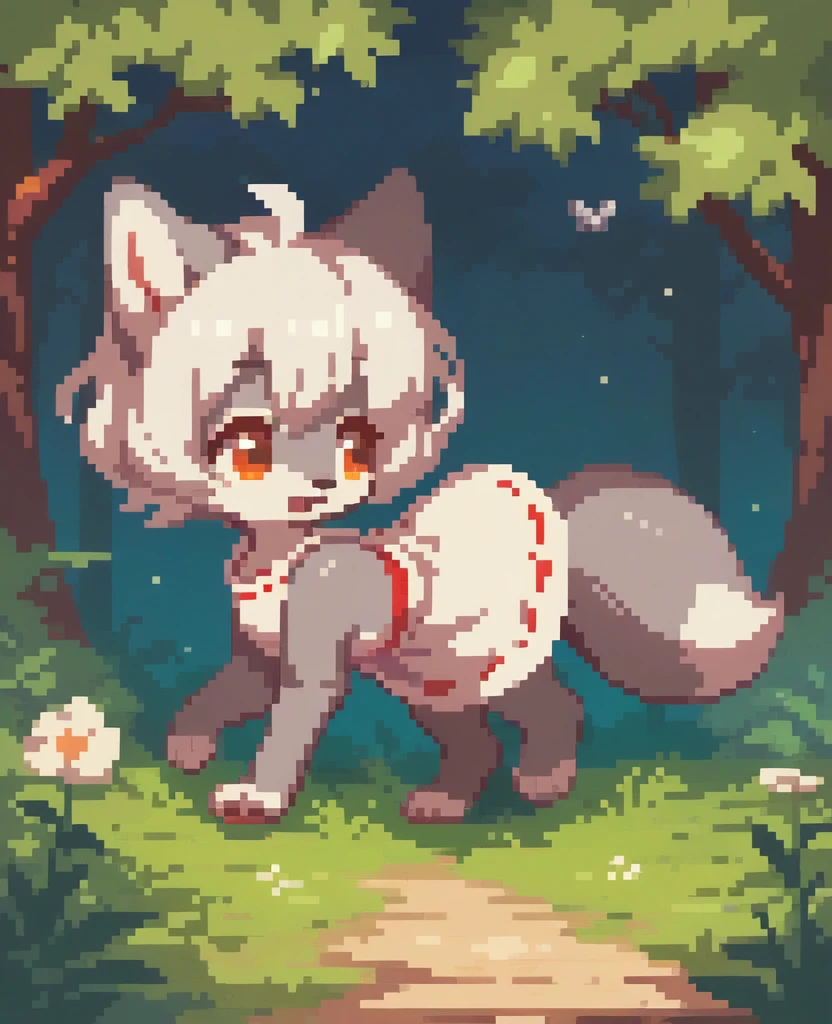 little fox, feral, gray fur, silver fur, white hair, girl, short hair, white dress, cute fox, cub, running in all fours on the forest, night