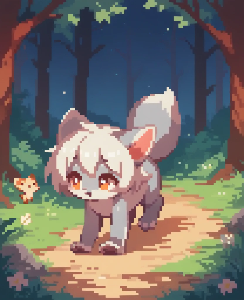 little fox, feral, gray fur, silver fur, white hair, girl, short hair, white dress, cute fox, cub, running in all fours on the forest, night