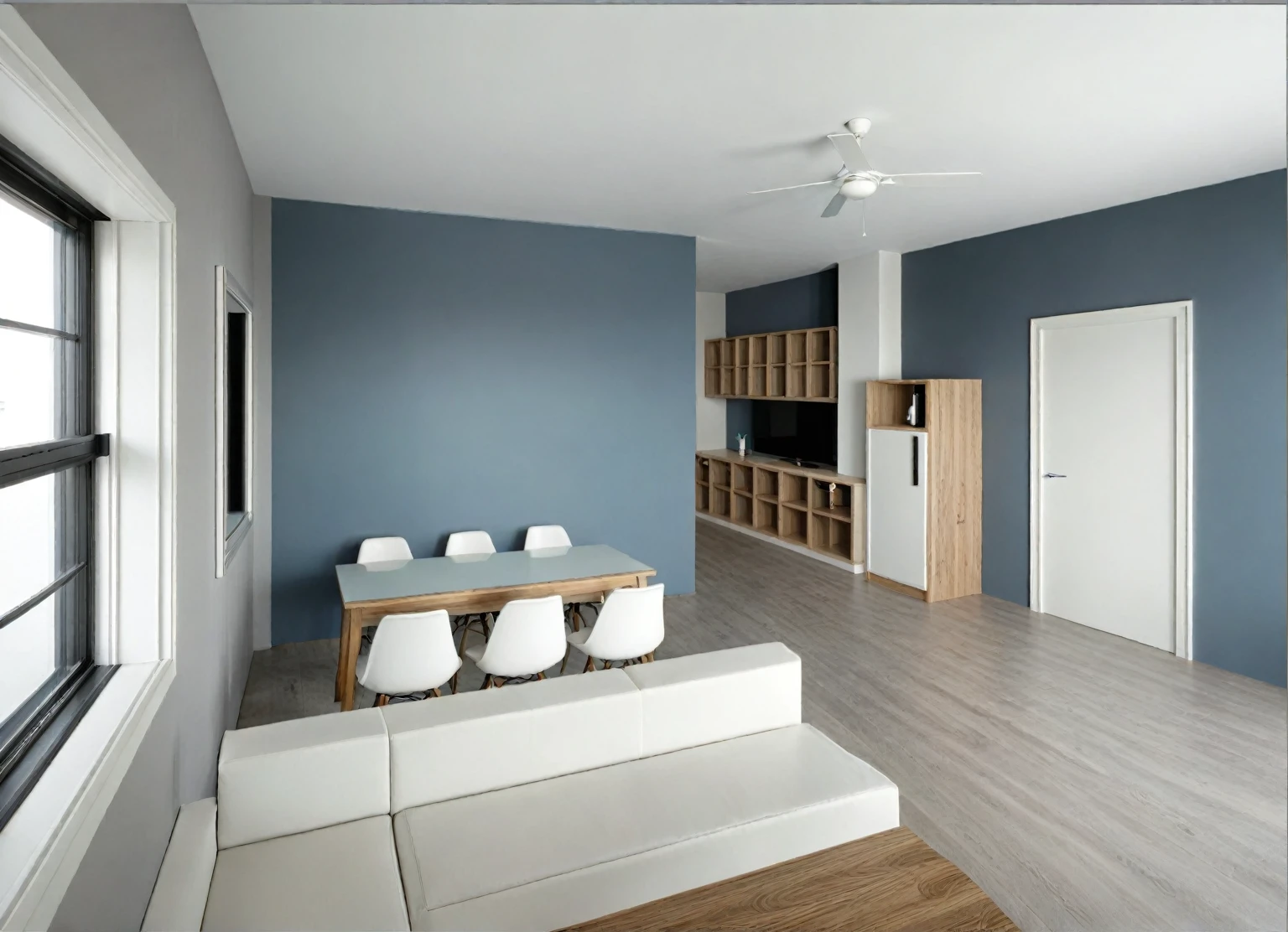 (RAW photo, masterpiece, best quality,ultra-detailed, extremely delicate and beautiful, highresolution, best shadow:1.1), modern livingroom and kitchen, tv cabinet, reflective floor, (white and blue wall), grey wall accent, wine racks, wooden ceiling fan, white ceiling, plant and flower, interior lighting, 
realistic lighting