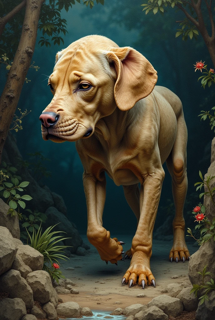 foto em close de um cachorrinho Weimaraner feliz, pulando muito fofo na floresta, soft volumetric lights (retroiluminação: 1.3), (kinematics: 1.2), detalhes intrincados (ArtStation: 1.3), Rutkowski