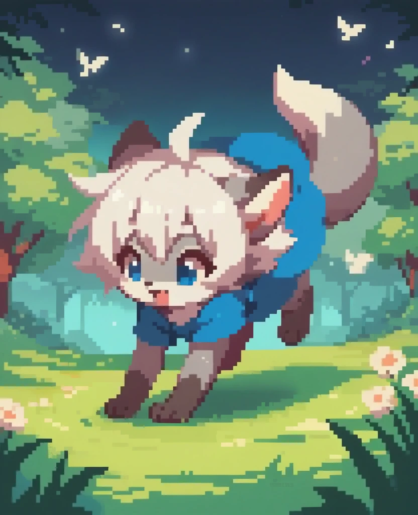 little fox, feral, gray fur, silver fur, blue eyes, white hair, girl, short hair, blue dress, cute fox, cub, running in all fours on the forest, night