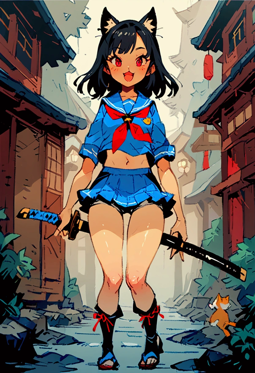 超detailed、Best Quality、masterpiece、cartoon style、girl、solo、Black Hair、Cat ears、detailed、Best Quality、masterpiece、Sailor suit、Shorts、Holding a Japanese sword,katana、Red eyes、smile、Open Mouth、Double teeth、mini skirt