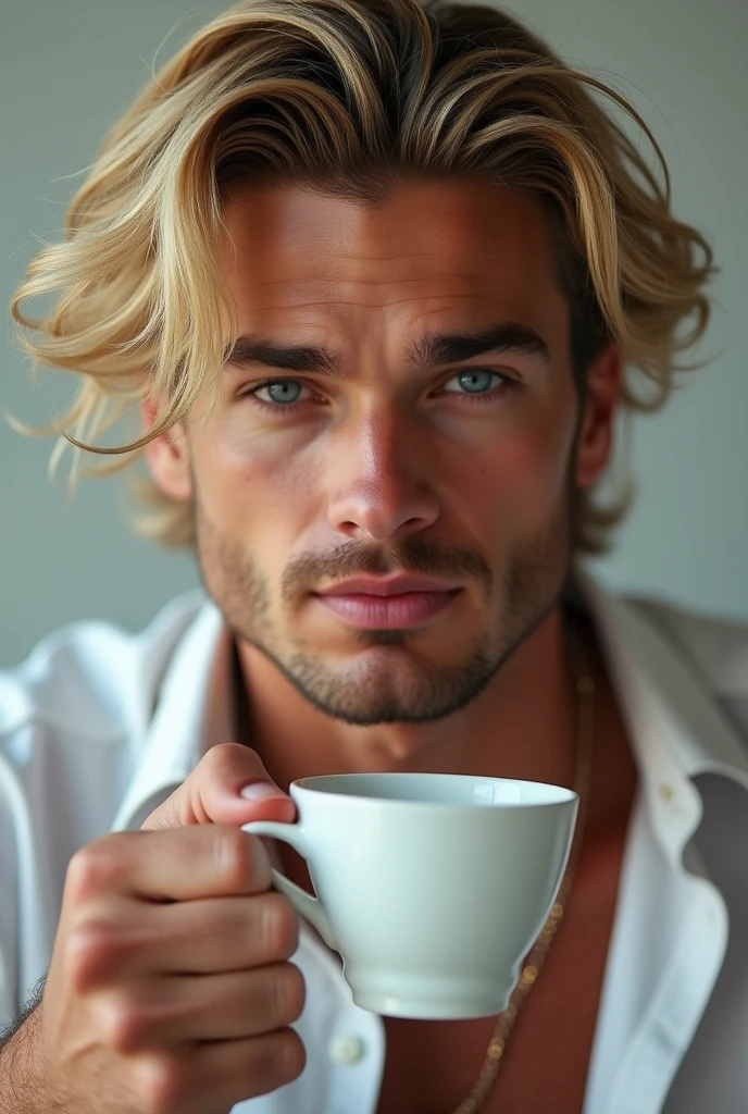 Daniel Salgado blonde gradient hair with light braids, light green eyes,White skin , lips with gloss, muscular,sex, with tattoos athletic body masculine energy and sexy defined chin trimmed beard blonde colored tattoo in underwear in a Turkish bath with a cup of coffee 