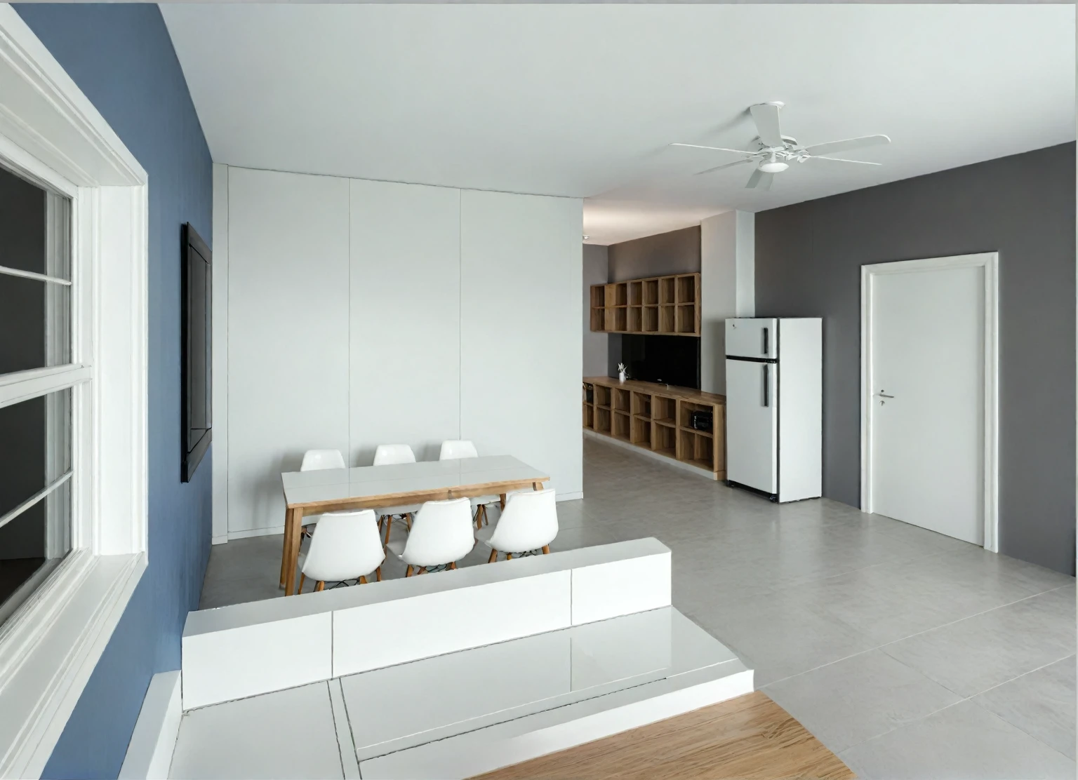 (RAW photo, masterpiece, best quality,ultra-detailed, extremely delicate and beautiful, highresolution, best shadow:1.1), modern livingroom and kitchen, tv cabinet, reflective floor, (white and blue wall), grey wall accent, wine racks, wooden ceiling fan, white tiling ceiling, plant and flower, interior lighting, 
realistic lighting