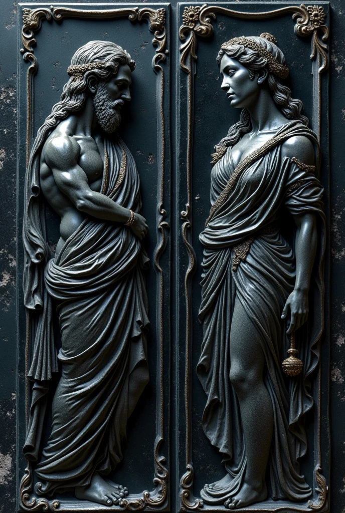 A Greek statue of a strong man, his muscular form chiseled in white marble, stands menacingly with a sideways wicked smirk. The woman next to him is depicted in contrasting black and white, her features delicately detailed in this digital art piece. The perfect composition of the image, with the focus on the strong man's fierce expression, draws the viewer in. The intricately detailed and insanely rendered scene, a trending masterpiece on ArtStation, boasts an aspect ratio of 16:9 and showcases the artistic prowess of the artist. The overall still image exudes a sense of mystery and tension.