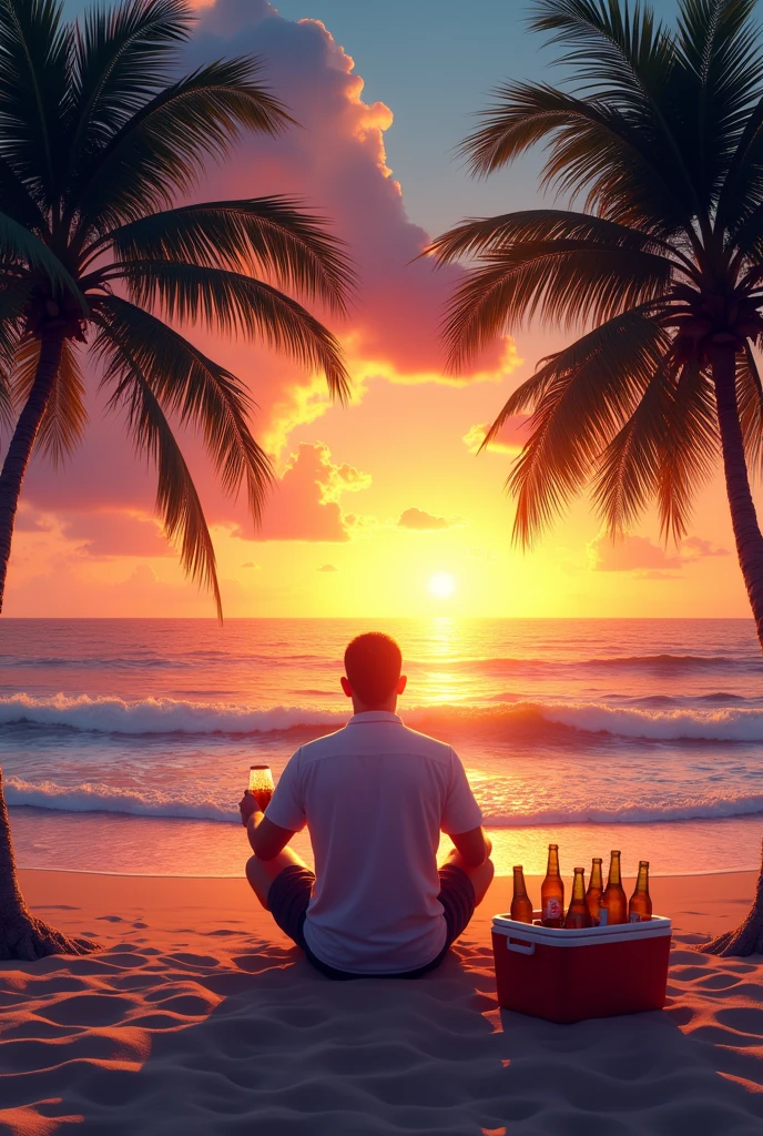 a huge Buddha Statue is lying on beach chair, sunglasses, cocktail, sand, beach,